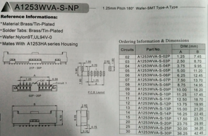 1.25mm Pitch Vertical SMT Connector With Phosphor Bronze Material A1253WVA Series